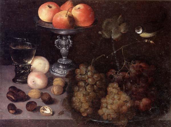 Georg Flegel Still life of grapes on a pewter dish,together with peaches,nuts,a glass roemer and a silver tazza containing apples and pears,and a blue-tit Sweden oil painting art